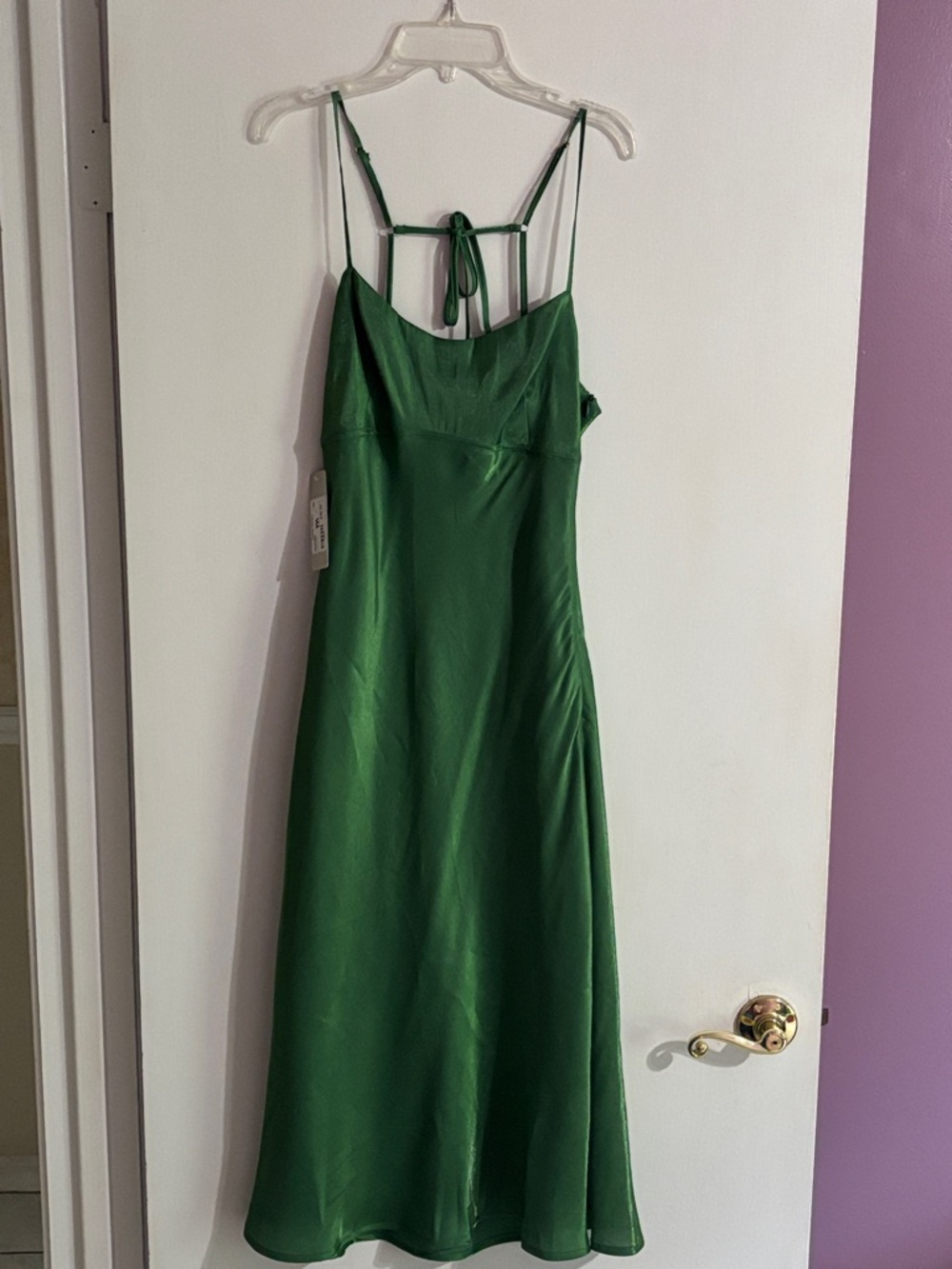 Lizard Thicket Emerald Green Satin Midi Slip Dress with Back Tie
